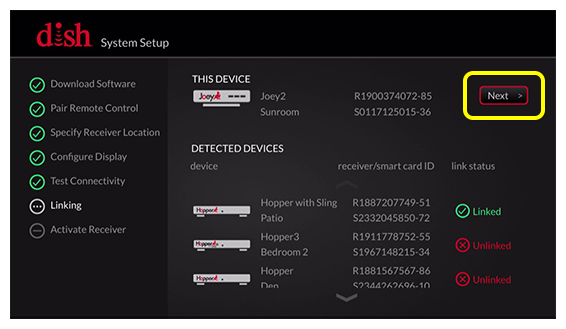 Wired Joey setup screen linking Joey to Hopper