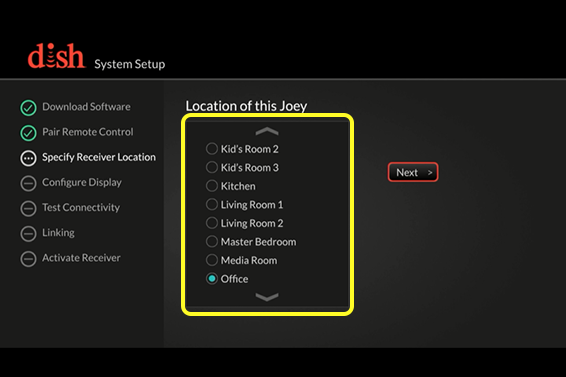 System setup screen with list of location choices