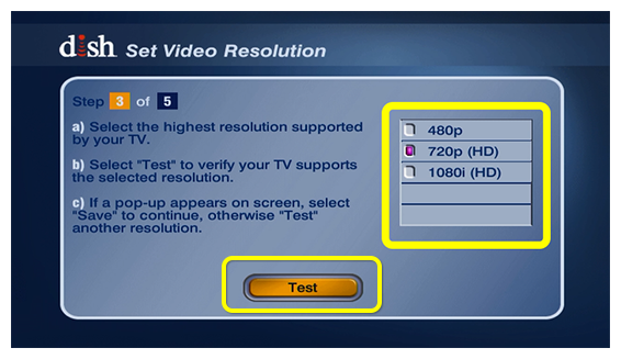 System setup screen with list of resolution choices