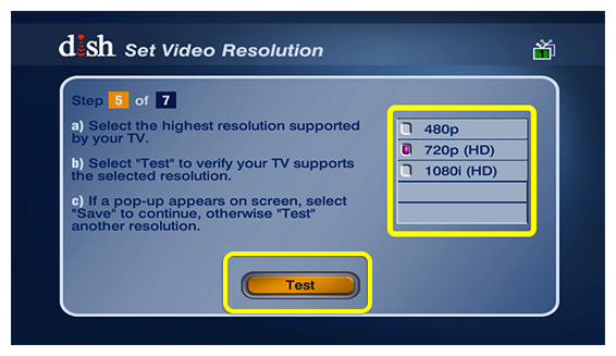 System setup screen with list of resolution choices
