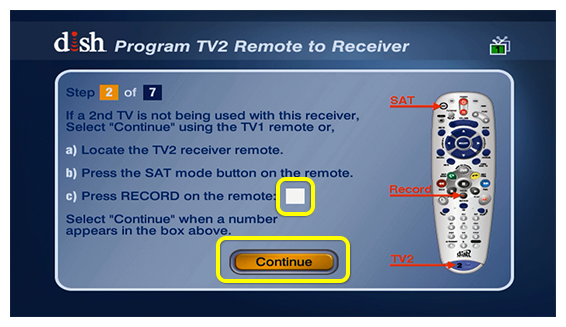 System setup screen to program the second remote to the receiver
