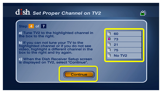 System setup screen to select the channel for your second TV