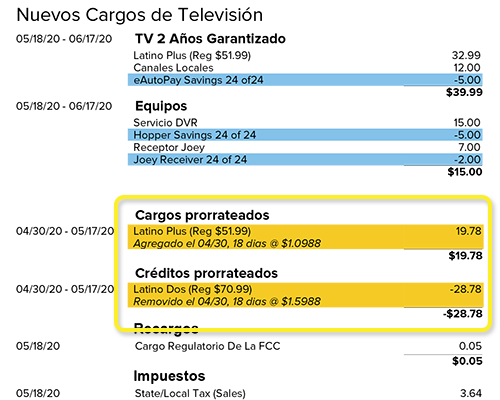 ejemplo: cargos prorrateados y créditos prorrateados en la factura