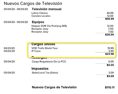 ejemplo: tarifas y cargos únicos en la factura