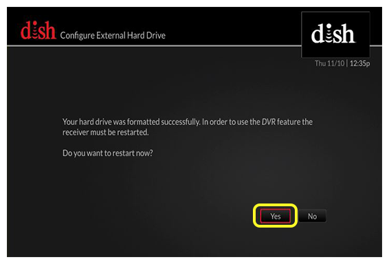 Restart receiver message (use your remote to move left and right to select the yes button)