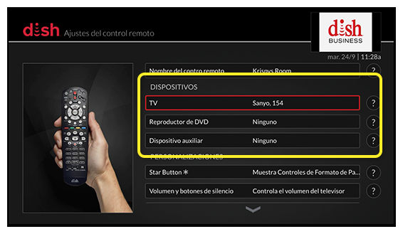 Lista de dispositivos controlables como el televisor o el reproductor de DVD (usa el control remoto para desplazarte hacia arriba y hacia abajo en la lista de opciones)