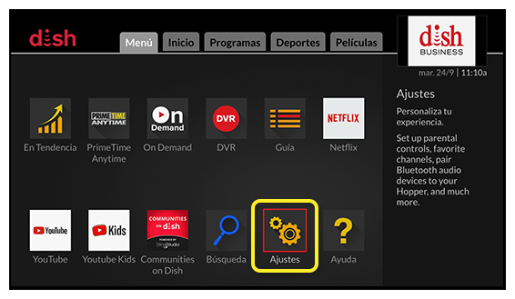 Menú Ajustes (usa el control remoto para desplazarte por la grilla de opciones del menú)