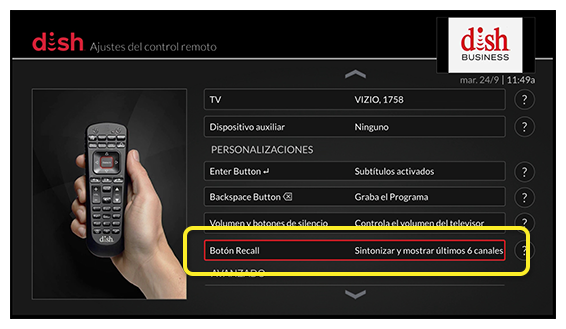 lista de ajustes del control remoto (usa el control remoto para desplazarte hacia arriba y hacia abajo en la lista de opciones)
