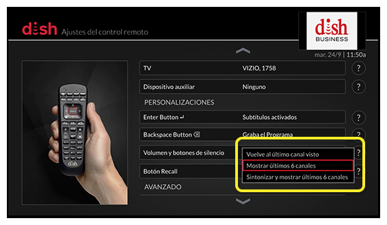 lista de preferencias del botón recall (usa el control remoto para desplazarte hacia arriba y hacia abajo en la lista de opciones)