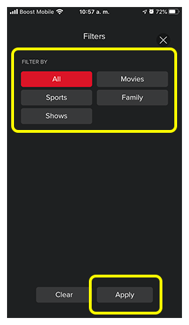 Lista de filtros de DVR, como Familia, Deportes, Películas y Programas