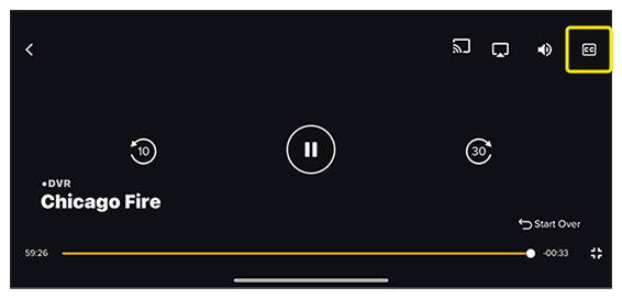Icono de engranaje para ajustes en la esquina superior derecha del reproductor de TV en vivo en la aplicación DISH Anywhere