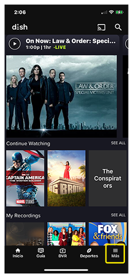 Enlace Navegar más en la parte inferior de la aplicación para teléfono DISH Anywhere