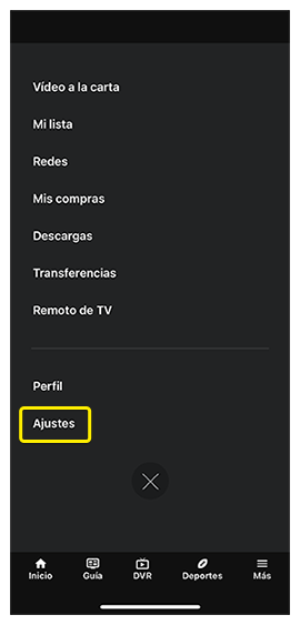 Opción del menú Ajustes