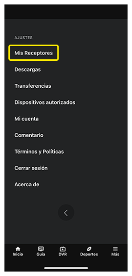 Opción del menú Mis receptores