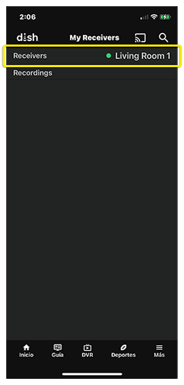 receptor seleccionado en el menú