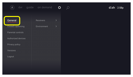 Opción del menú General en la pantalla de Fire TV
