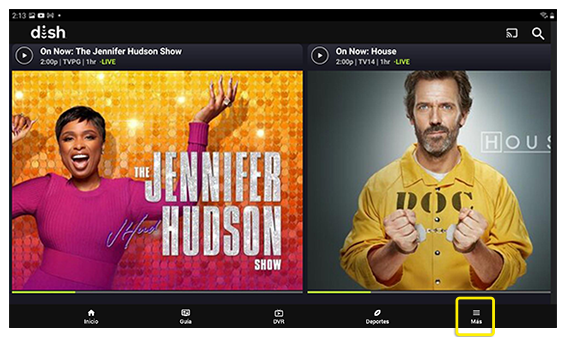Menú Más en la esquina inferior de la aplicación para tablet DISH Anywhere
