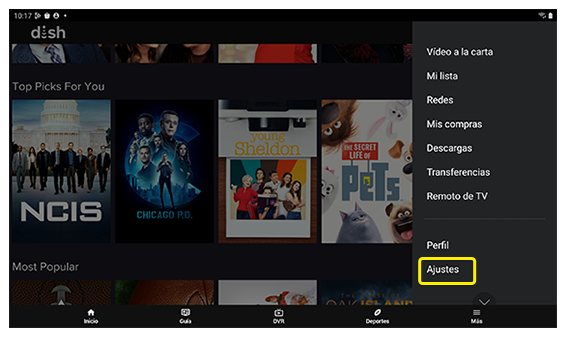 Opción del menú Ajustes