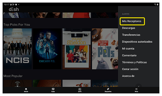 Opción del menú Mis receptores