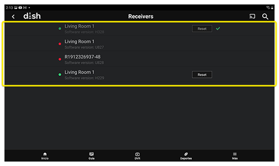 Lista de receptores disponibles