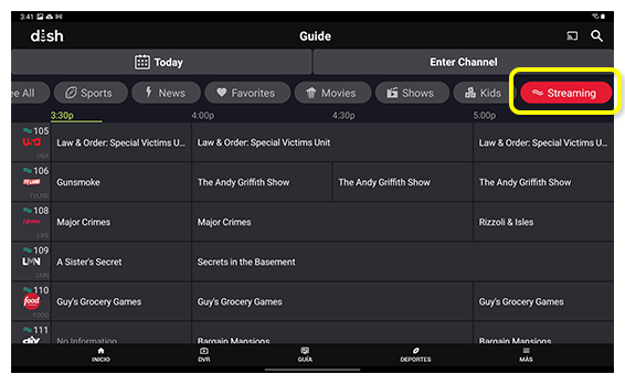 Botón 'Streaming' en la parte superior de la Guía de canales en la aplicación para tableta DISH Anywhere