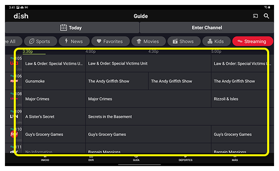 guía de canales por Live Stream en la aplicación para tableta DISH Anywhere