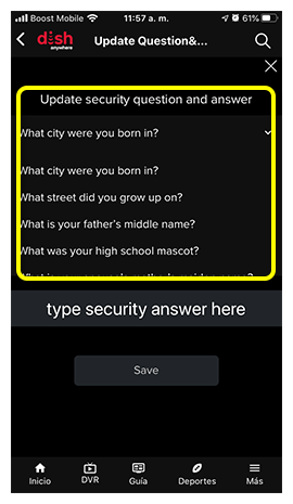 Lista de posibles preguntas de seguridad, como “¿En qué ciudad naciste?”