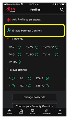 Botón para activar el Control de padres, habilitado y de color verde