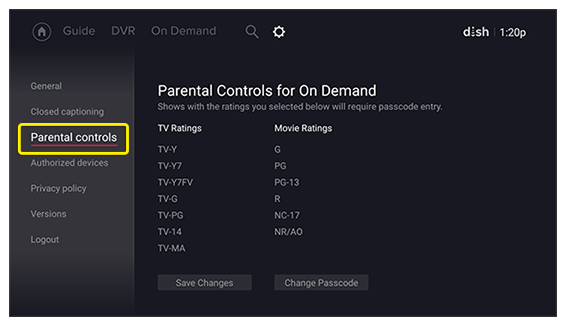 Opción de menú Control parental en la pantalla del televisor