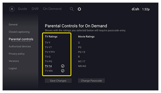 Opciones de madurez de los Controles parentales en la pantalla de Fire TV