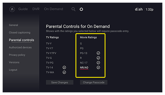 Opciones de madurez de los Controles parentales en la pantalla de Fire TV