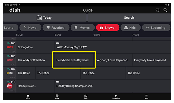 Guía de canales en la aplicación para tableta DISH Anywhere