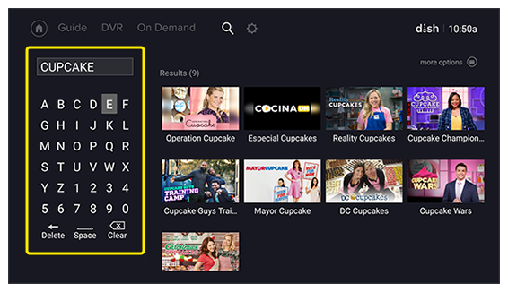 Término de búsqueda ingresado en la barra de búsqueda en la parte superior de la aplicación para TV DISH Anywhere