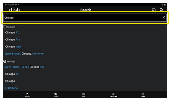 Término de búsqueda ingresado en la barra de búsqueda en la parte superior de la aplicación para tableta DISH Anywhere
