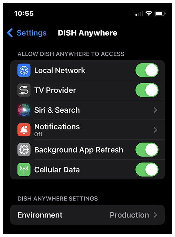 DISH Anywhere iOS device settings