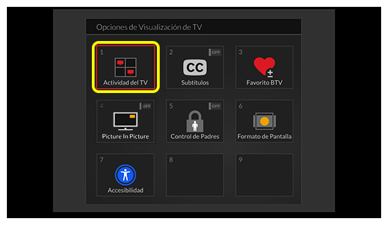 Menú Actividad de TV con lista de todos los sintonizadores