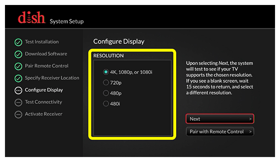 Pantalla de configuración del sistema con lista de opciones de resolución
