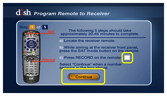Setup screen for pairing remote to receiver