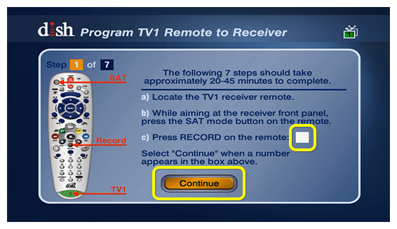 System setup screen to program the remote to the receiver